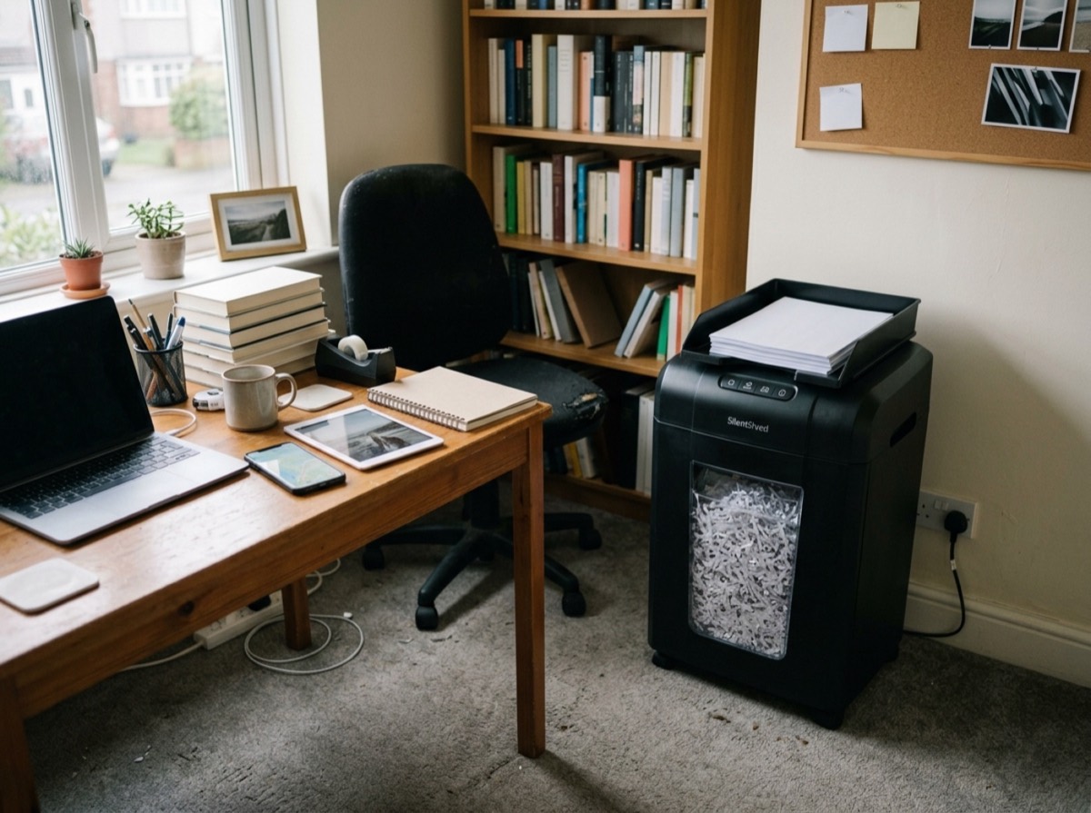 Grirëse letre Fellowes Powershred 79Ci pranë një tavoline zyre me dosje dokumentesh