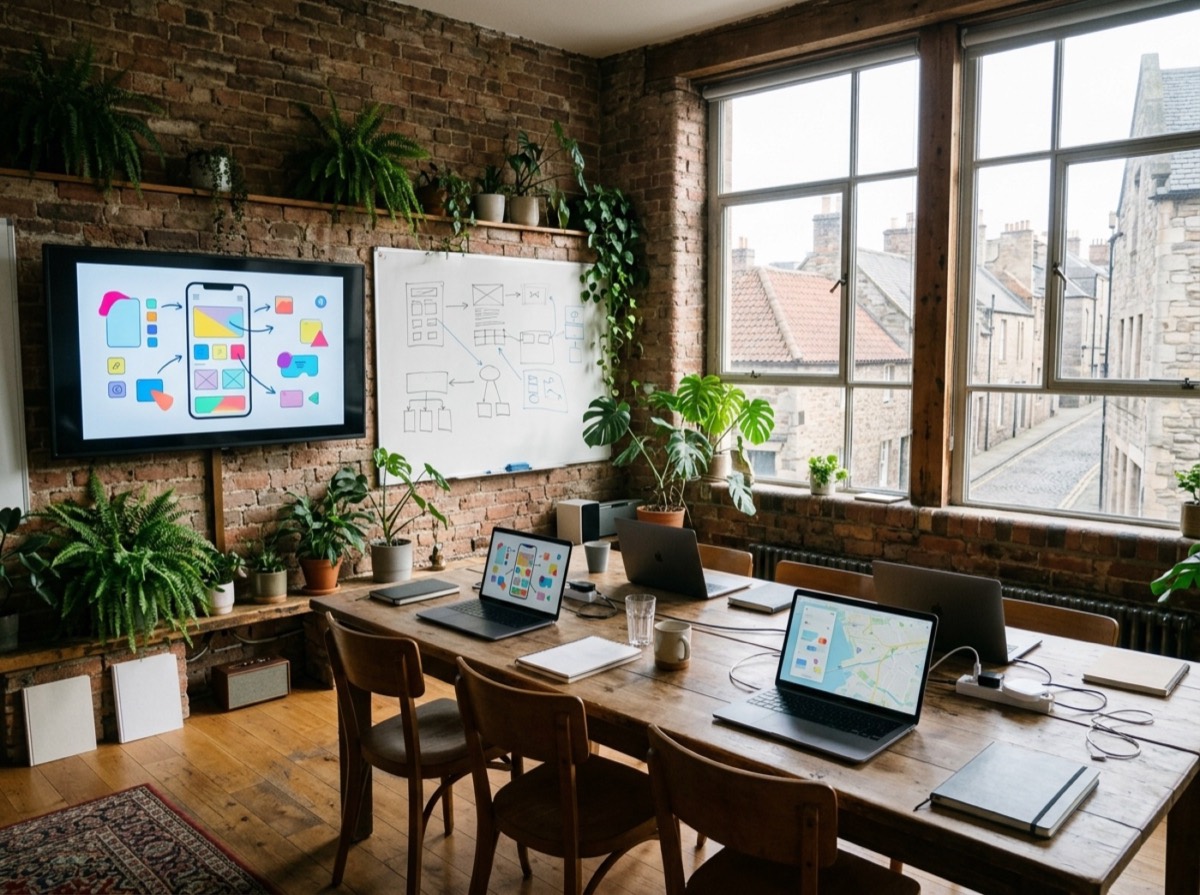 Tavolinë pune në një studio softueri me laptop dhe shënime projekti