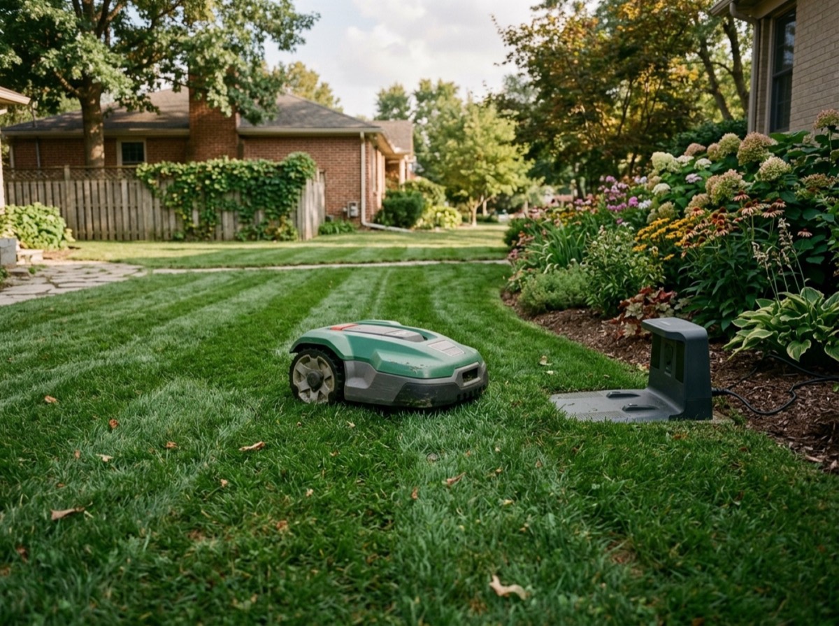 Robot kositës Gardena SILENO në një lëndinë të kositur në oborr shtëpie