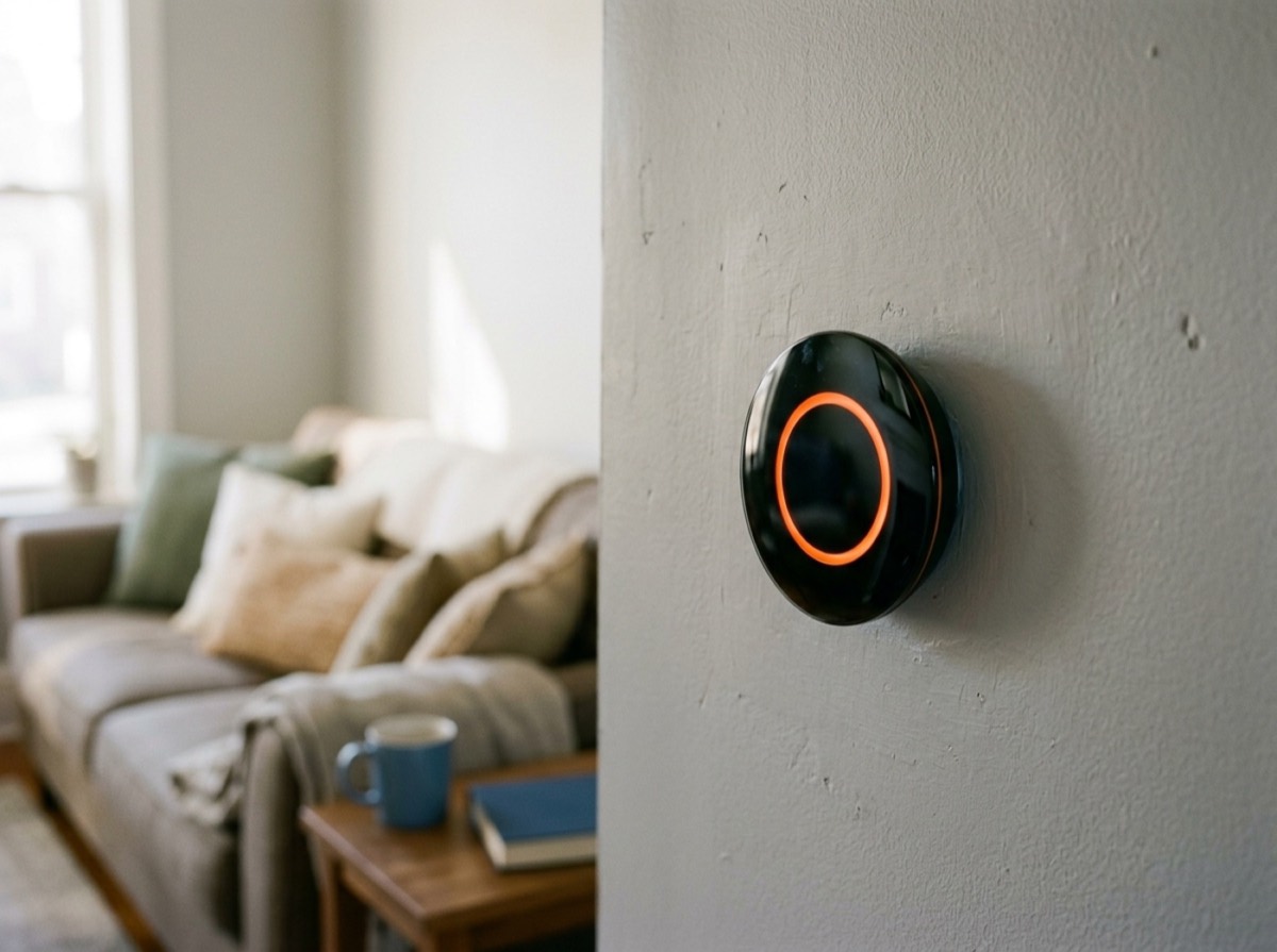 Termostati Google Nest Learning i montuar në mur në një dhomë ndenjeje
