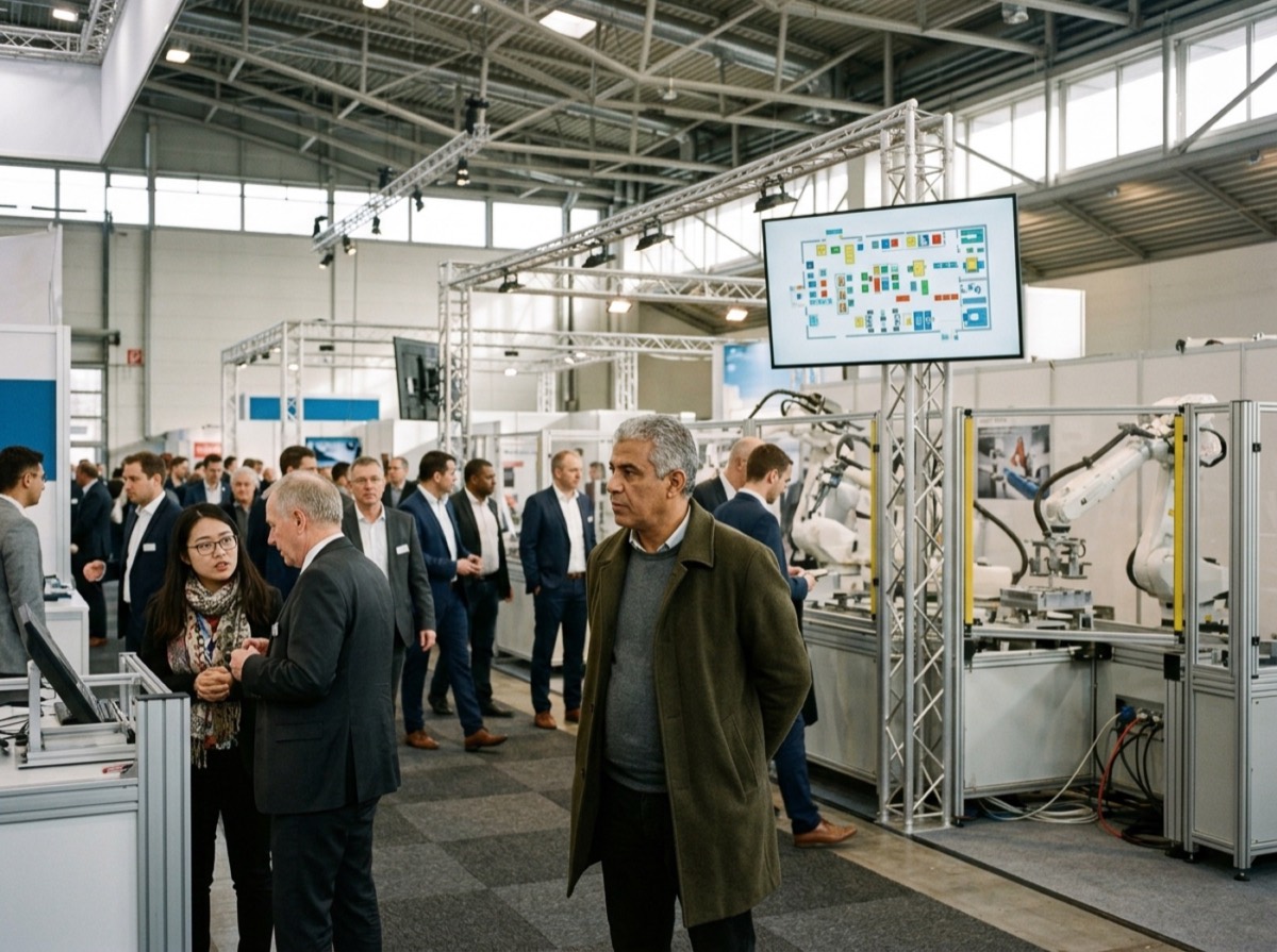 Hapësirë e gjerë ekspozite me stenda makinerish industriale në Hannover Messe