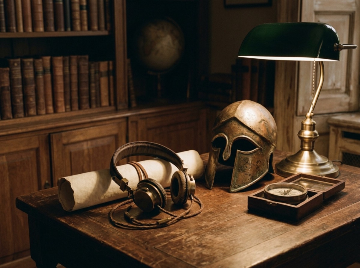 Kufje mbi një tavolinë pranë një libri historie dhe një harte të vjetër