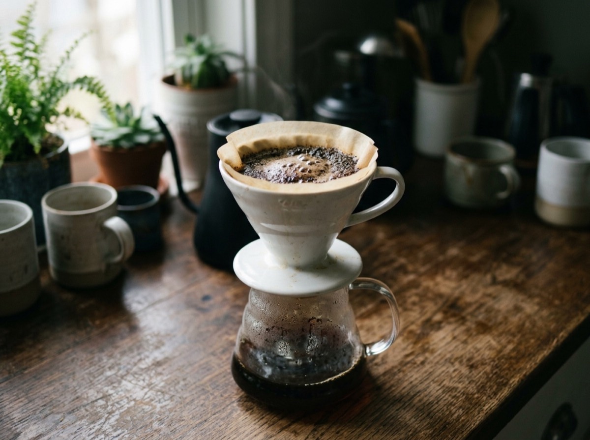 Hinkë Hario V60 prej qeramike mbi një filxhan, me kafe të sapobluar pranë