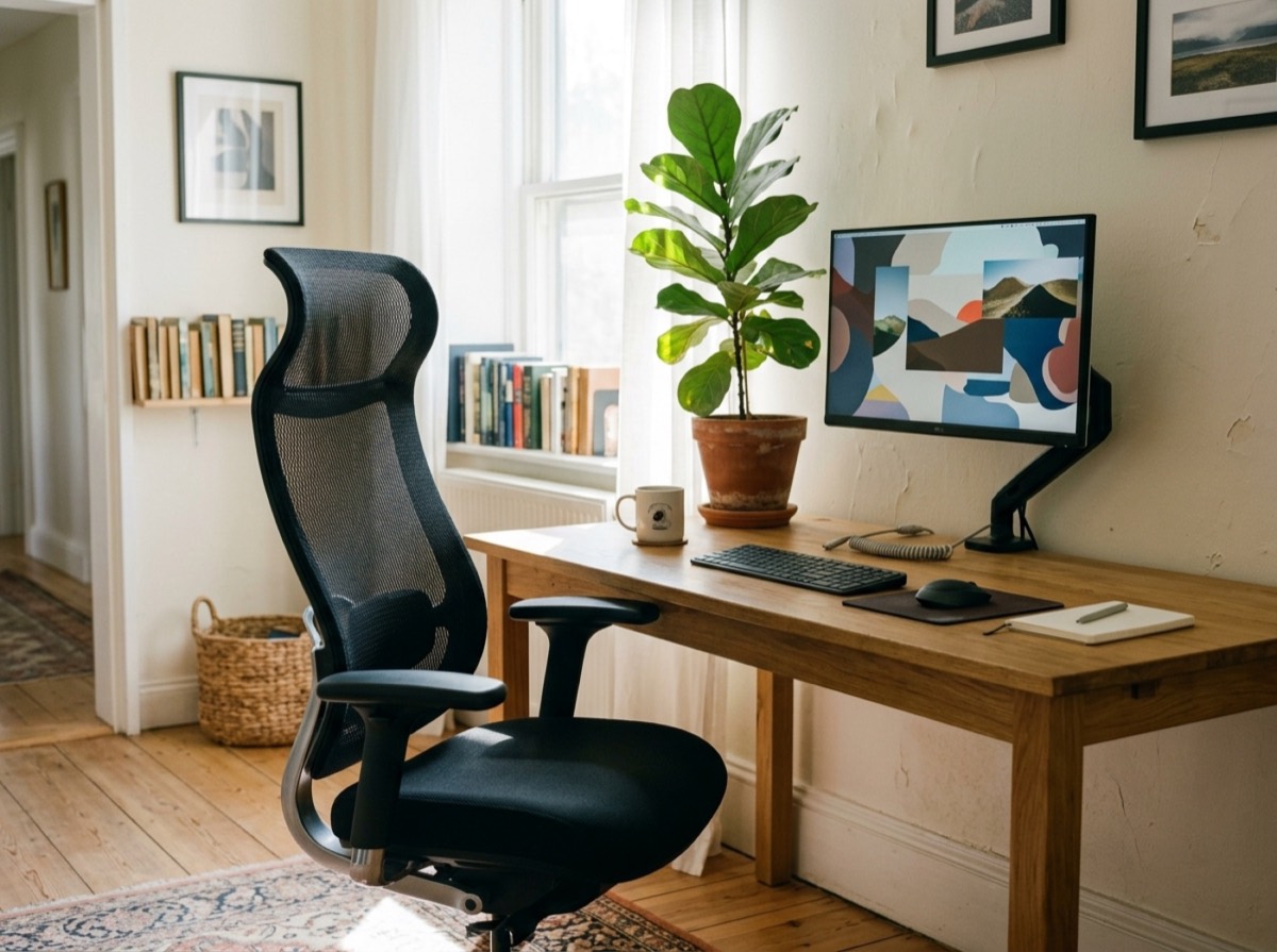 Karrige zyre Herman Miller Aeron me rrjetë pranë një tavoline pune