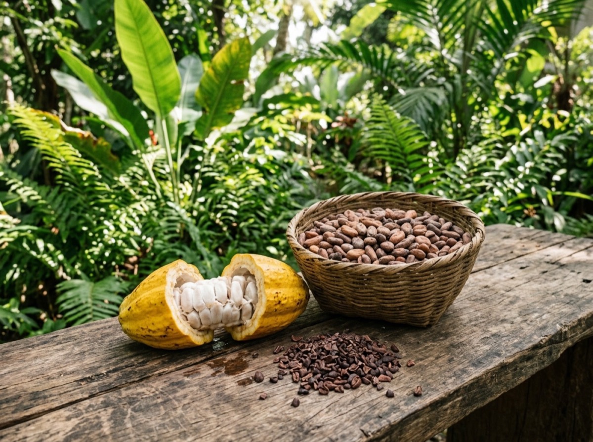 Fara kakaoje, copa çokollate dhe një frut kakaoje i çarë mbi një tavolinë druri