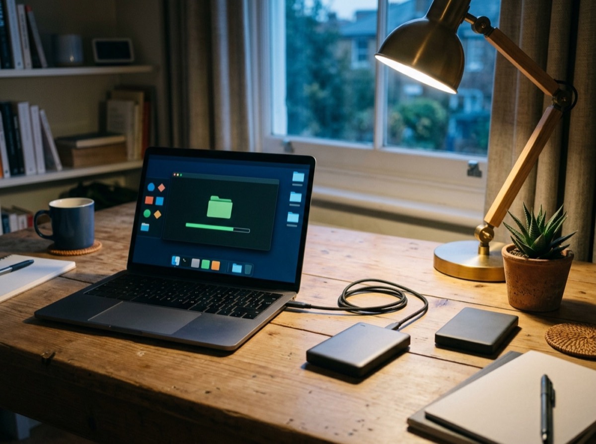 Laptop në tavolinë pune me një disk të jashtëm të lidhur për kopje rezervë