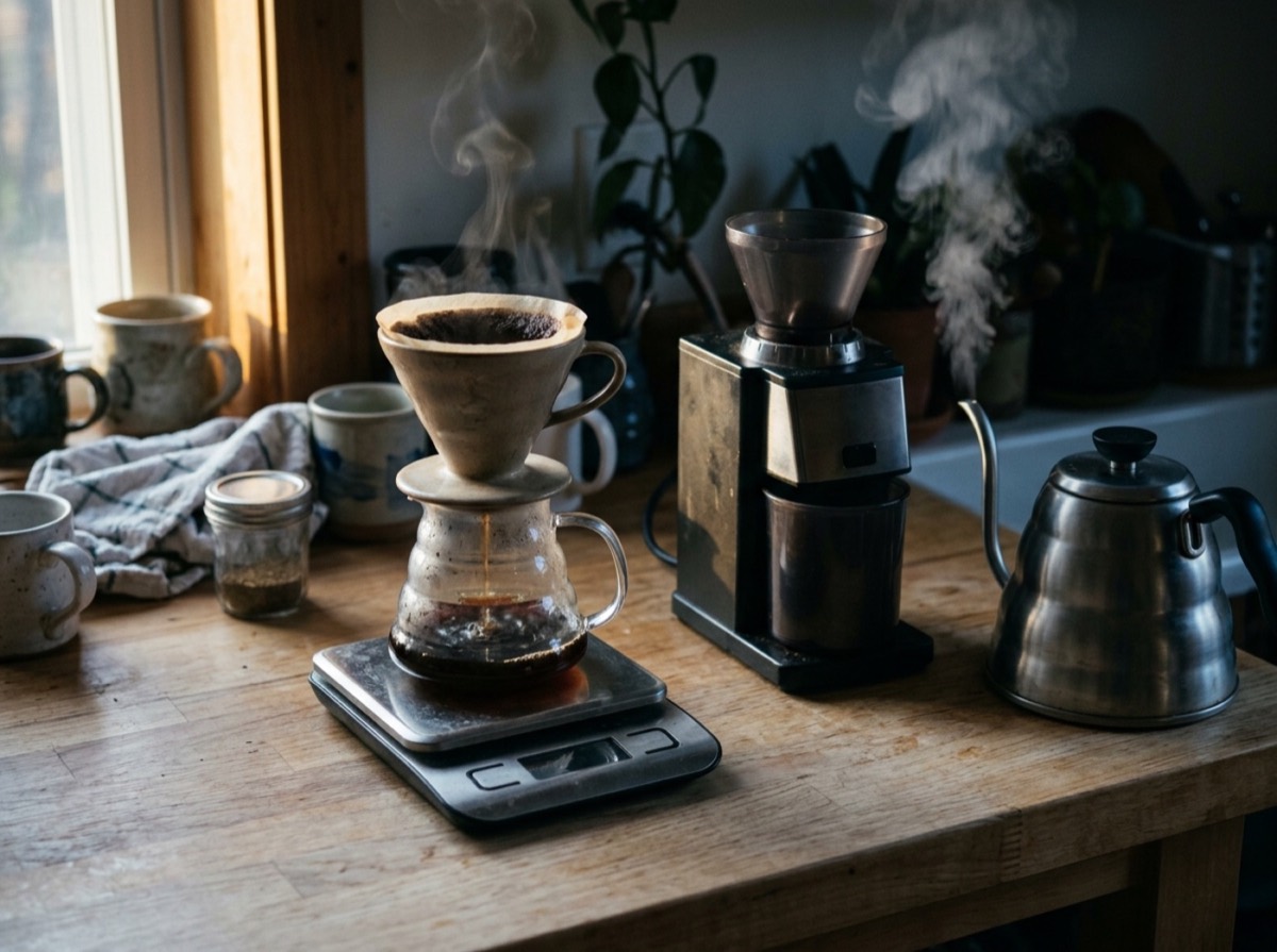 Filtër kafeje pour-over, kokrra kafeje dhe një gotë mbi tavolinën e kuzhinës në mëngjes