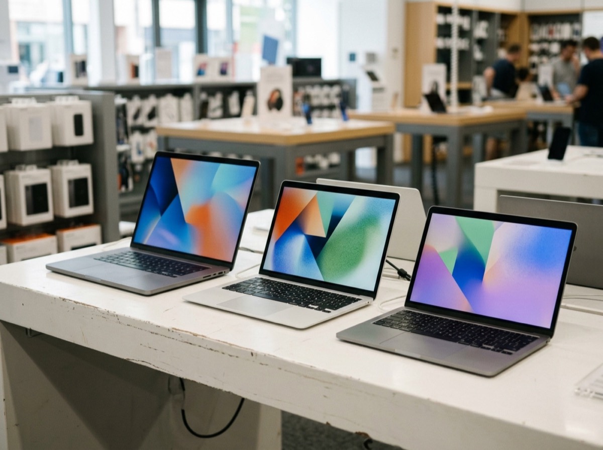Laptop i hapur mbi tavolinë druri pranë një fletoreje dhe filxhani kafeje
