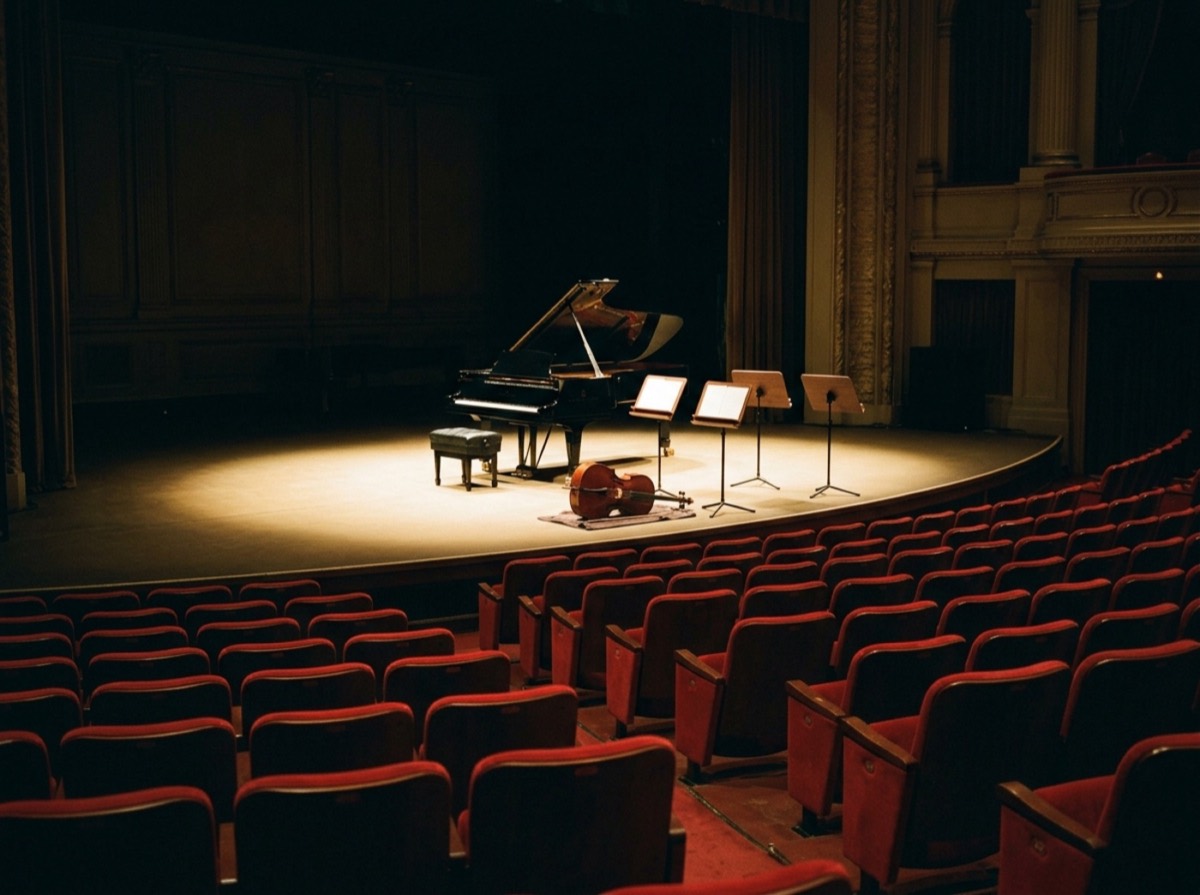 Vegla muzikore dhe partitura mbi një tryezë druri në dritë të butë