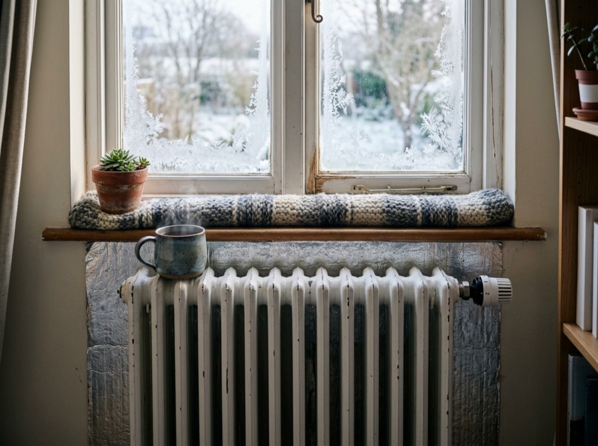 Termostat i radiatorit dhe batanije në një dhomë ndenjjeje në mbrëmje dimri