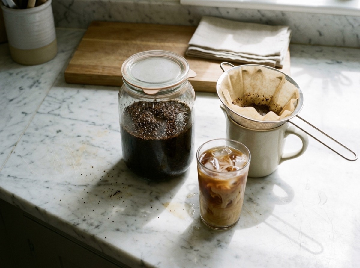 Kavanoz me kafe cold brew dhe gotë me akull mbi banak kuzhine