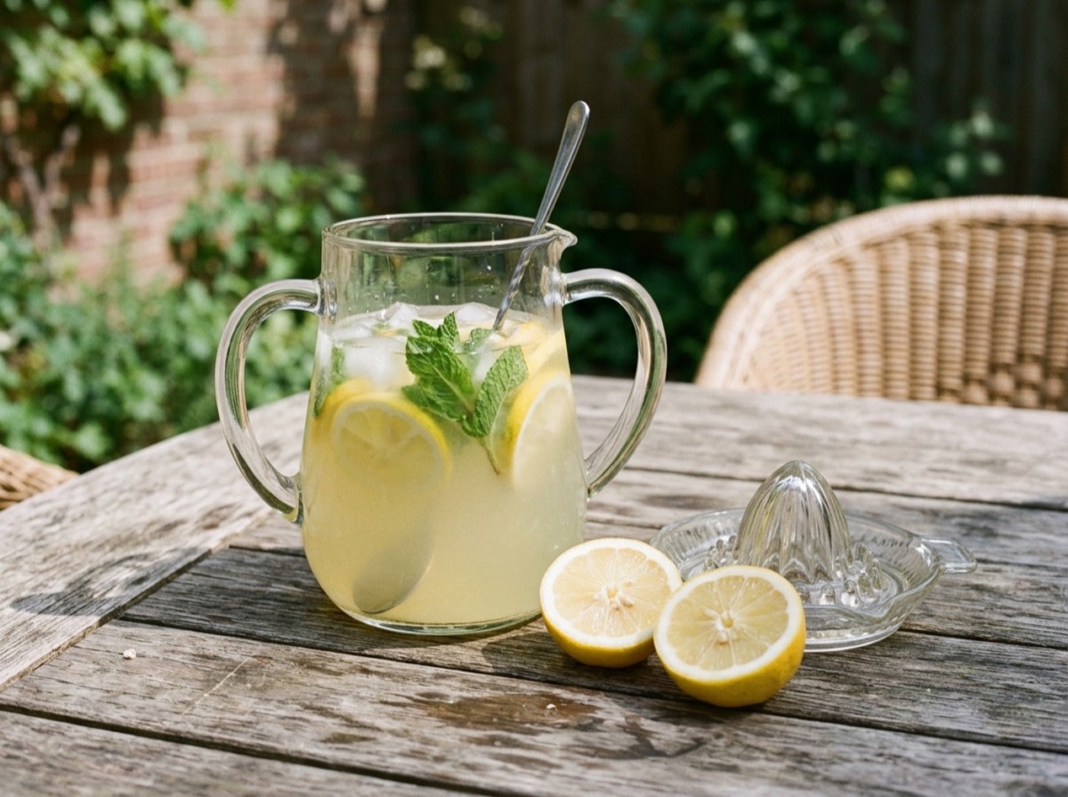 Brokë qelqi me limonadë, feta limoni dhe gjethe mente