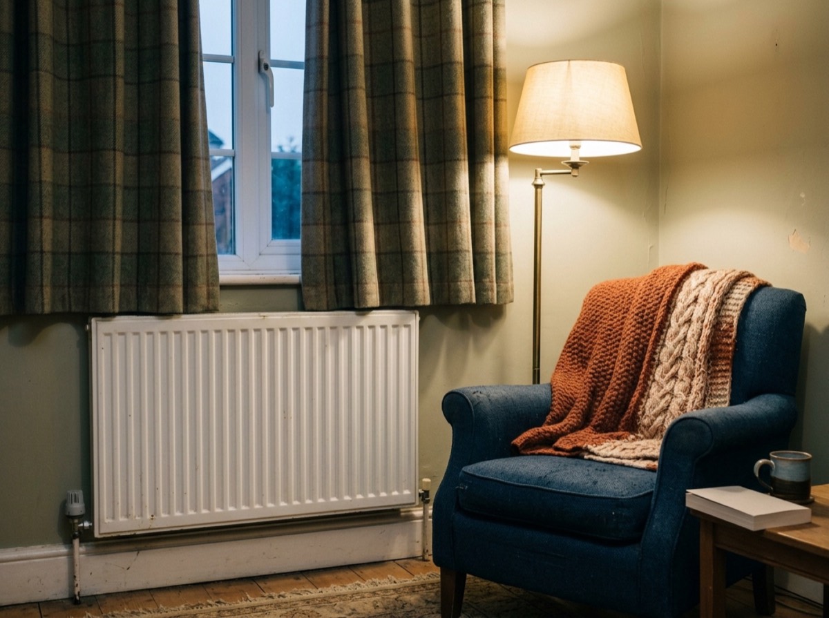 Radiator nën dritare në një dhomë ndenjeje me perde dhe dritë dimri