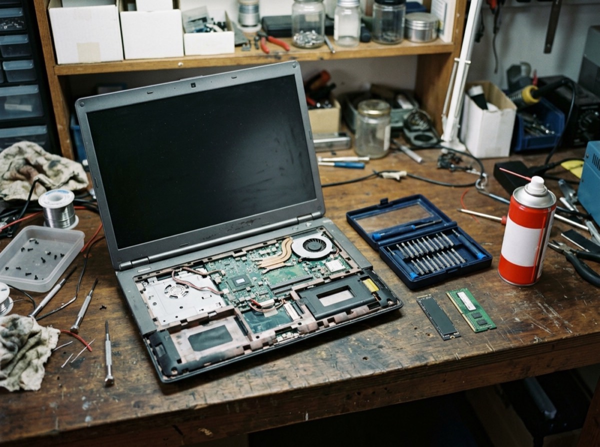 Laptop i vjetër i hapur mbi tavolinë pune me vegla të vogla pranë