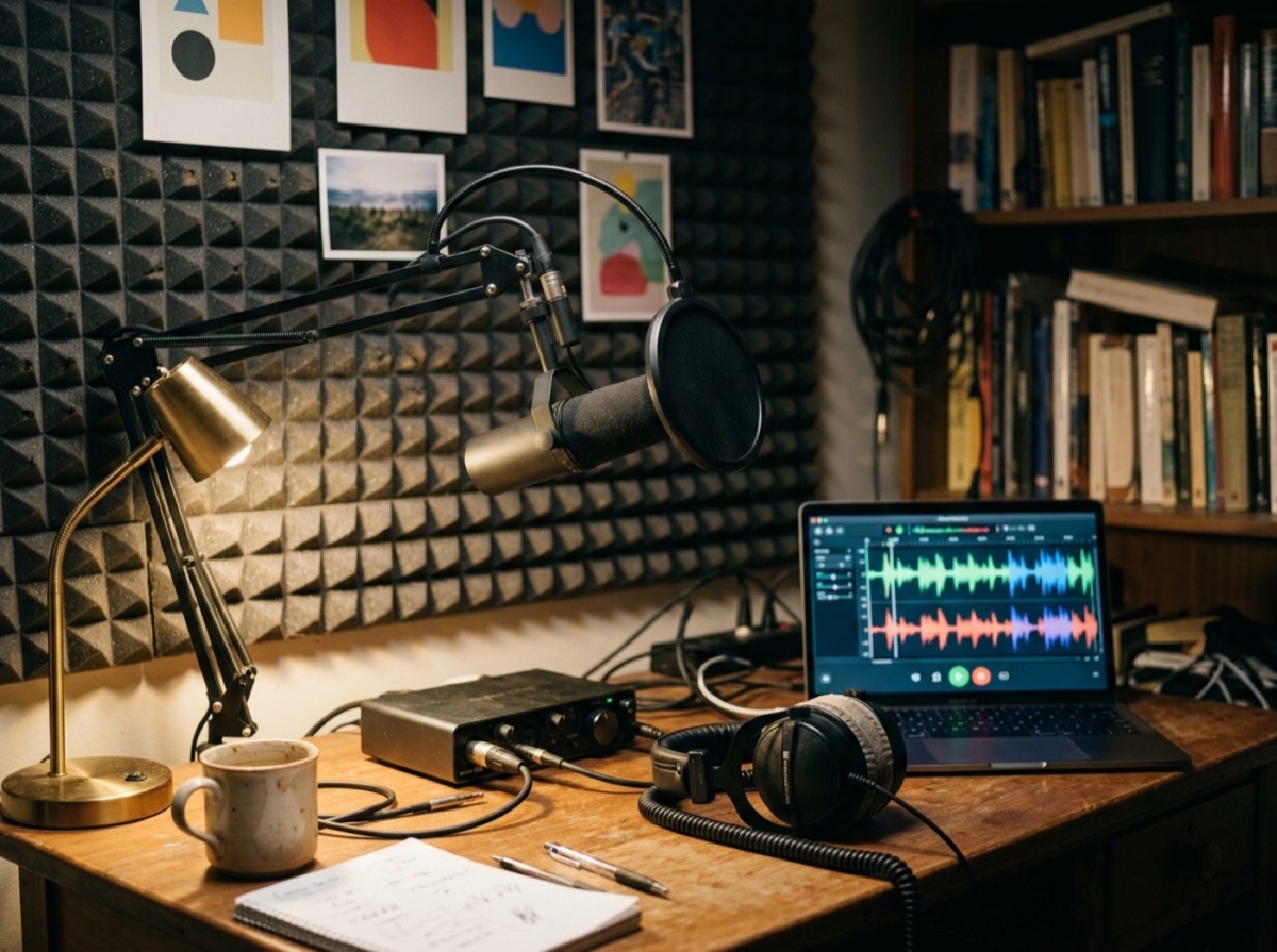 Mikrofon dhe kufje mbi një tavolinë të përgatitur për regjistrim podcasti