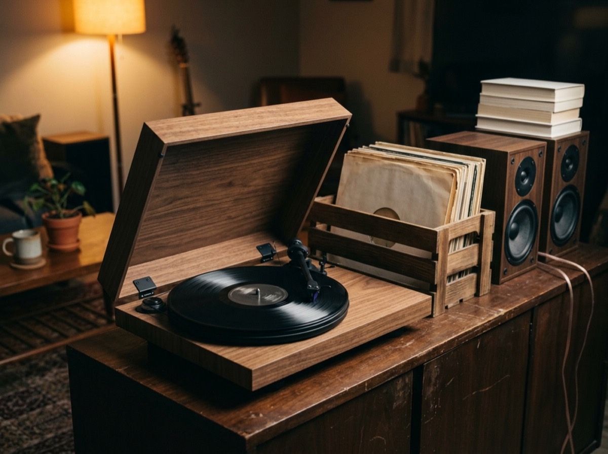 Raft me pllaka vinyl dhe një gramafon mbi një tavolinë druri