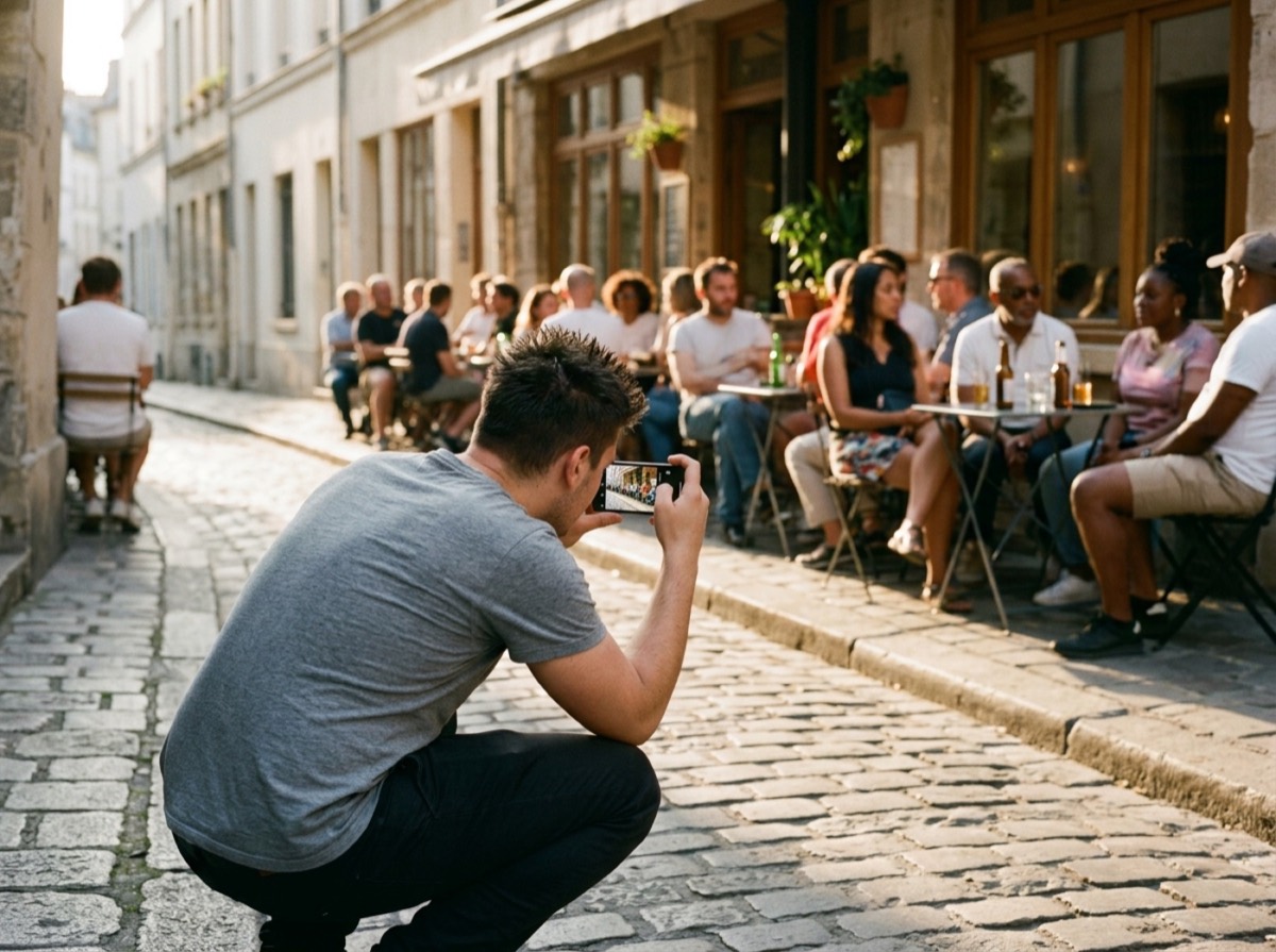 Telefon i mbajtur me dy duar duke fotografuar një rrugë në dritën e mbrëmjes