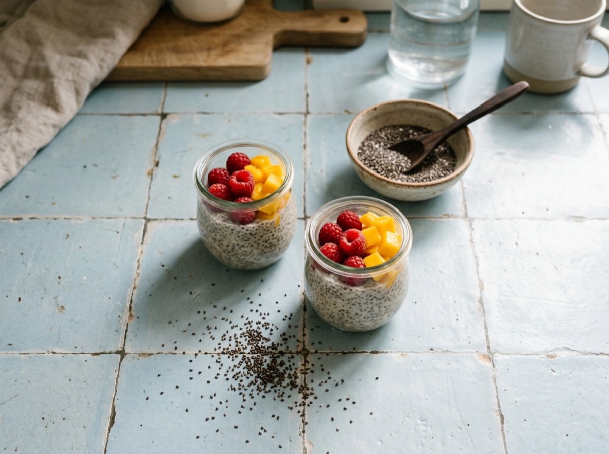Farat e chias në një tas pranë një gote me puding chia dhe frutash