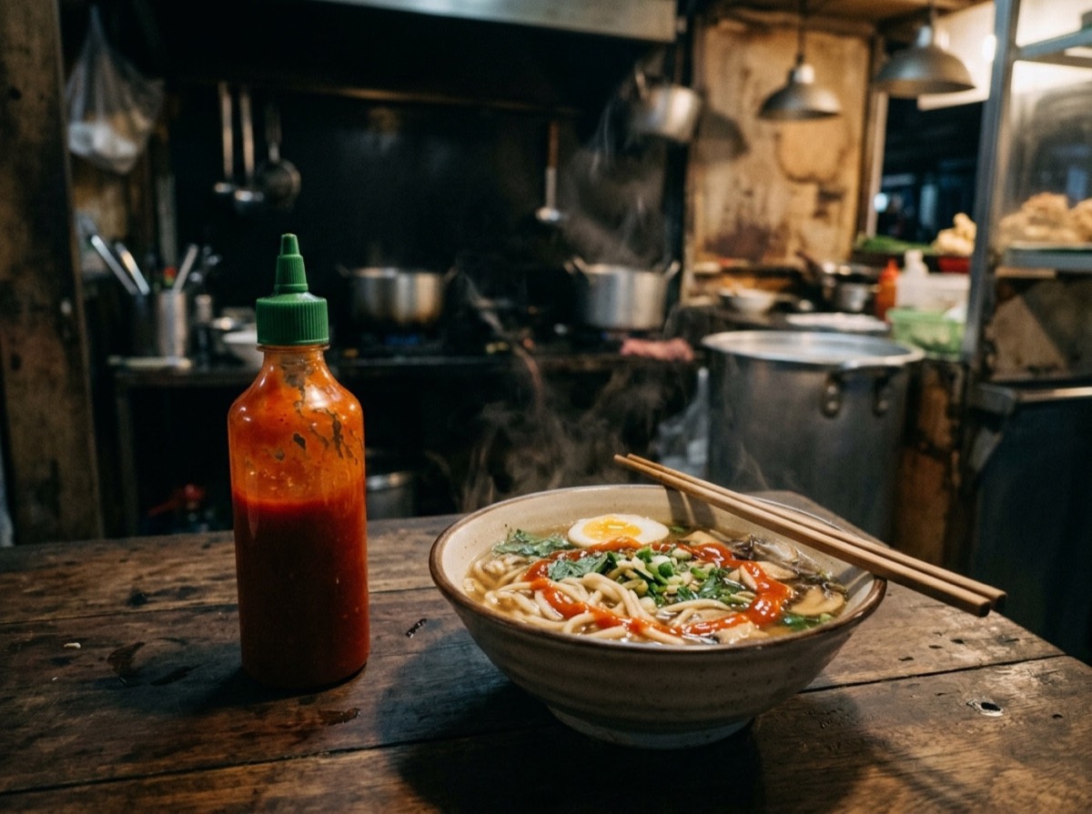 Shishe me salcë djegëse sriracha pranë një tase me petë dhe perime