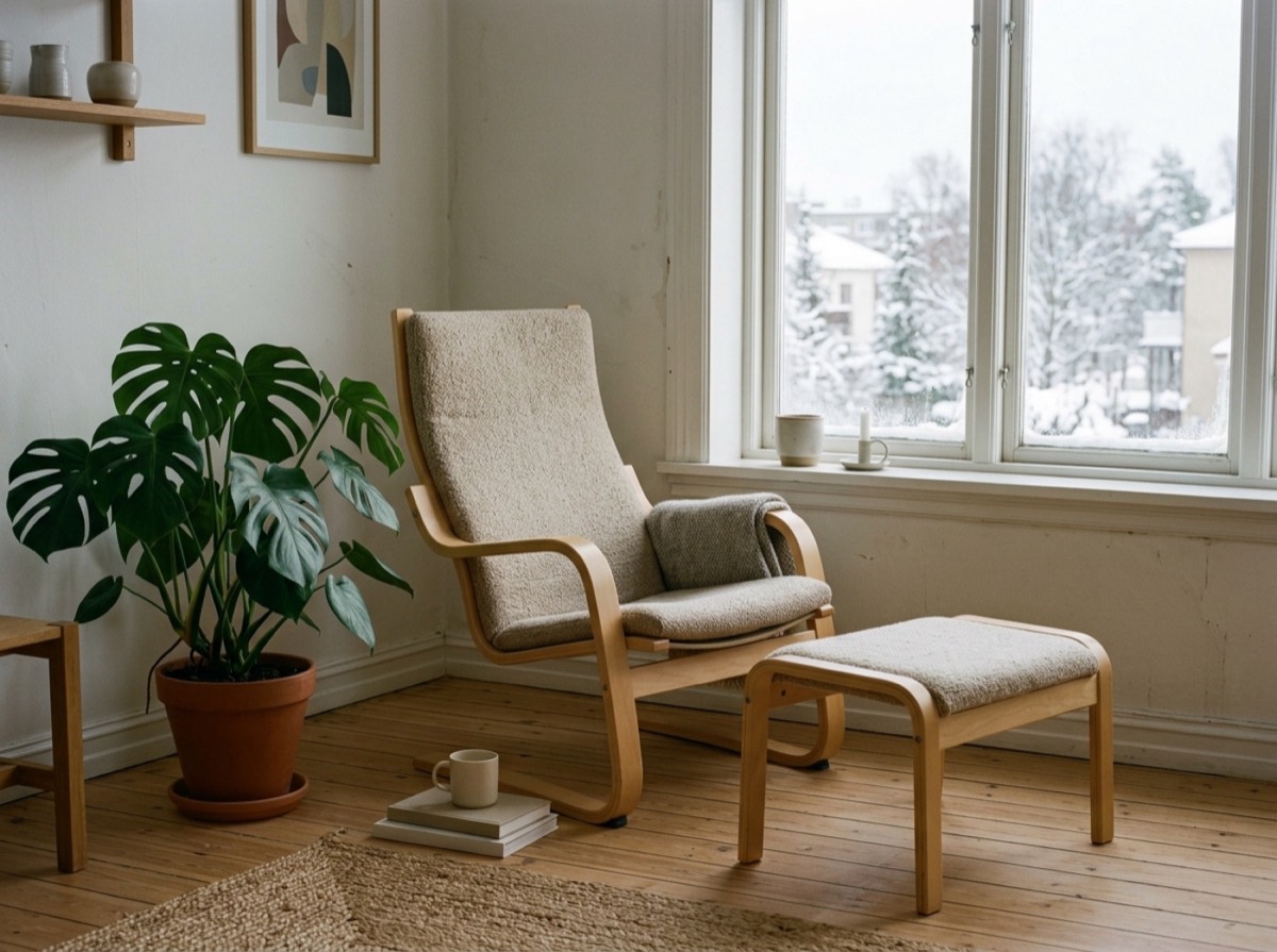 Kolltuk IKEA POÄNG me kornizë druri të lakuar në një kënd leximi