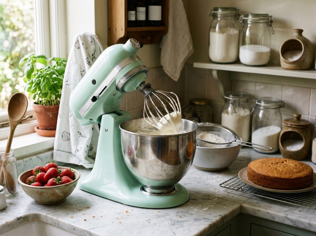 Mikser kuzhine KitchenAid Artisan me tas inoksi në një banak me miell dhe vezë