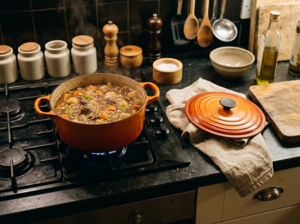 Tenxhere gize e emaluar Le Creuset mbi sobë me gjellë që zien ngadalë