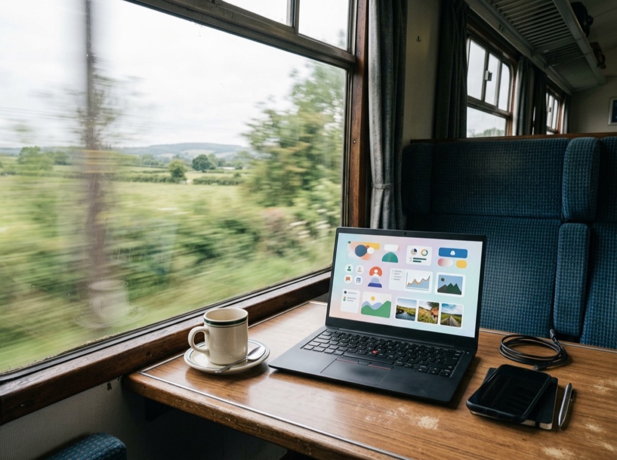 Laptop i zi ThinkPad X1 Carbon i hapur mbi një tavolinë pune pranë dritares