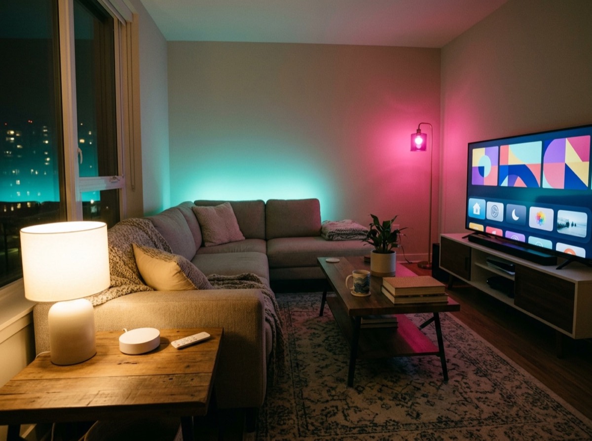 Dhomë ndenjeje e ndriçuar me llamba inteligjente Philips Hue me ngjyra të ngrohta