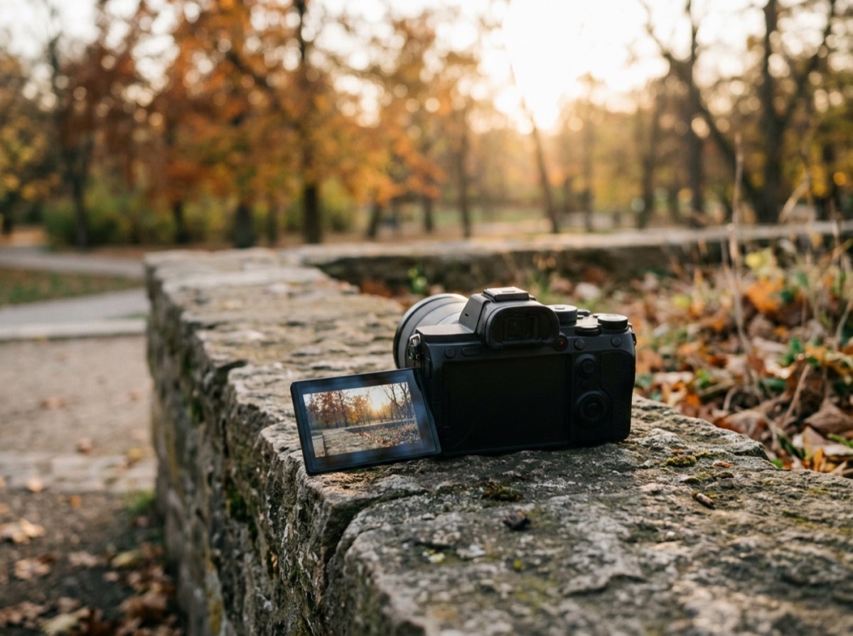 Kamera pa pasqyrë Sony a7 V me objektiv, e vendosur në tavolinë