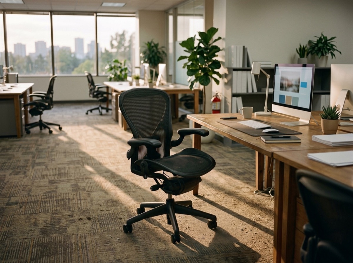 Karrige ergonomike zyre pranë një tavoline pune në dritë natyrale