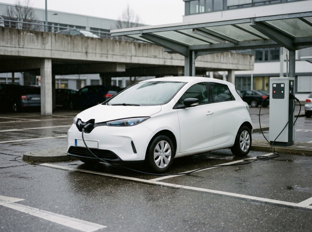 SUV elektrik i parkuar pranë një stacioni karikimi në mbrëmje