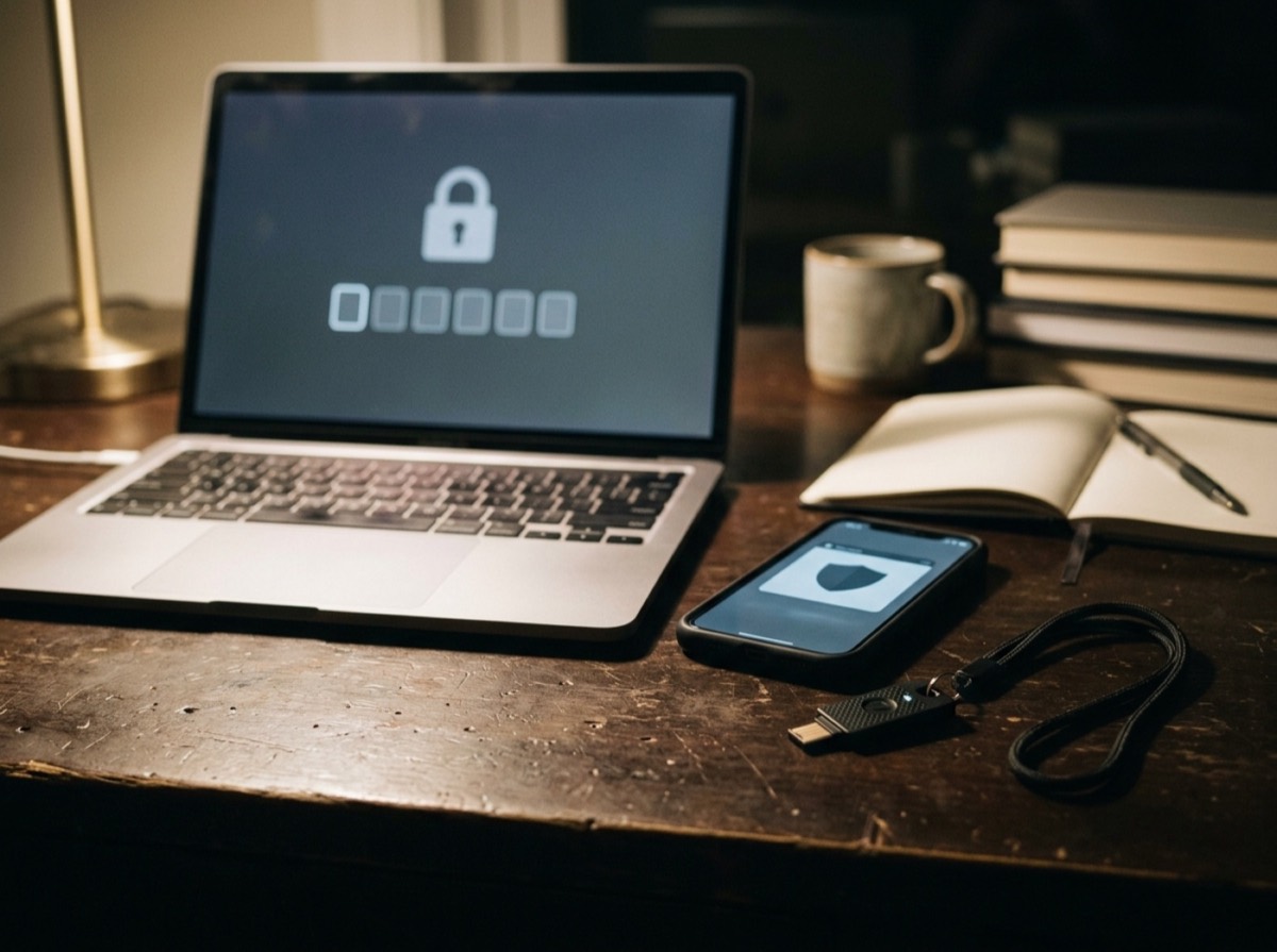 Telefon që shfaq një kod verifikimi pranë një laptopi me ekran hyrjeje