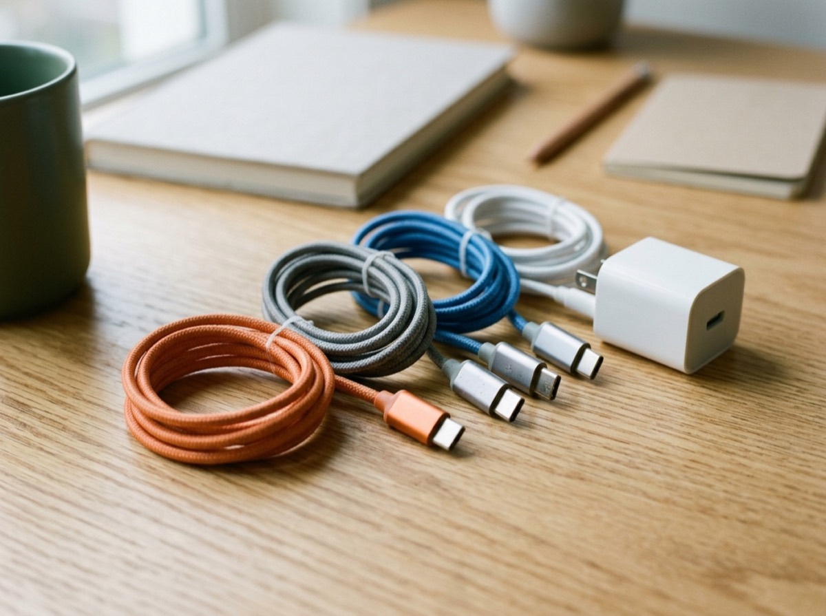 Disa kabllo USB-C të mbështjella mbi një tavolinë druri pranë një karikuesi