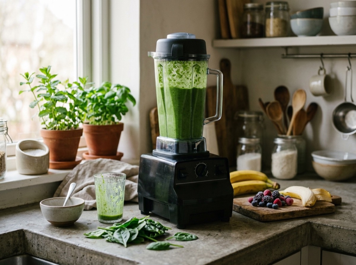 Blender Vitamix E310 me enë të tejdukshme mbi banakun e kuzhinës