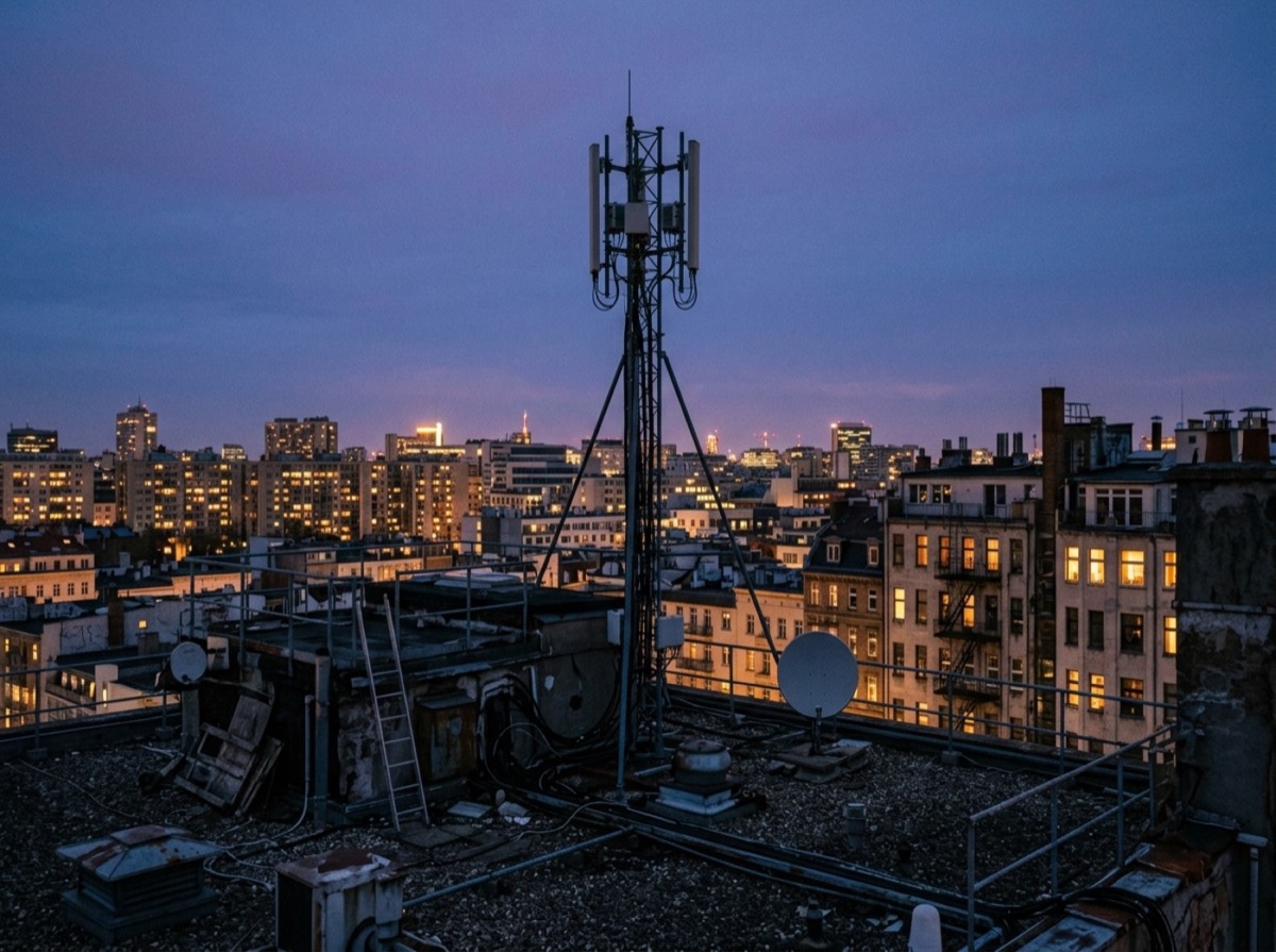 Antenë e rrjetit celular mbi një çati qyteti në muzg