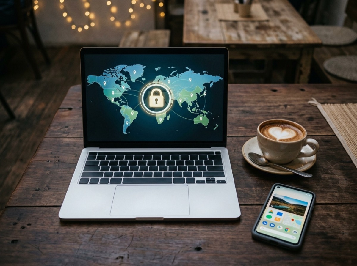 Laptop i hapur mbi tavolinën e një kafeneje me një filxhan kafe pranë
