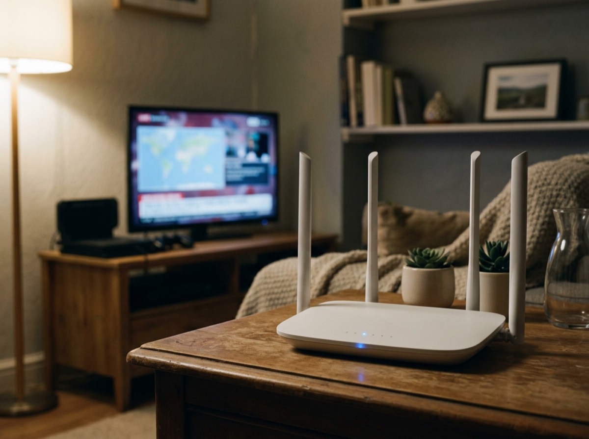 Ruter Wi-Fi me antena mbi një raft në dhomën e ndenjes