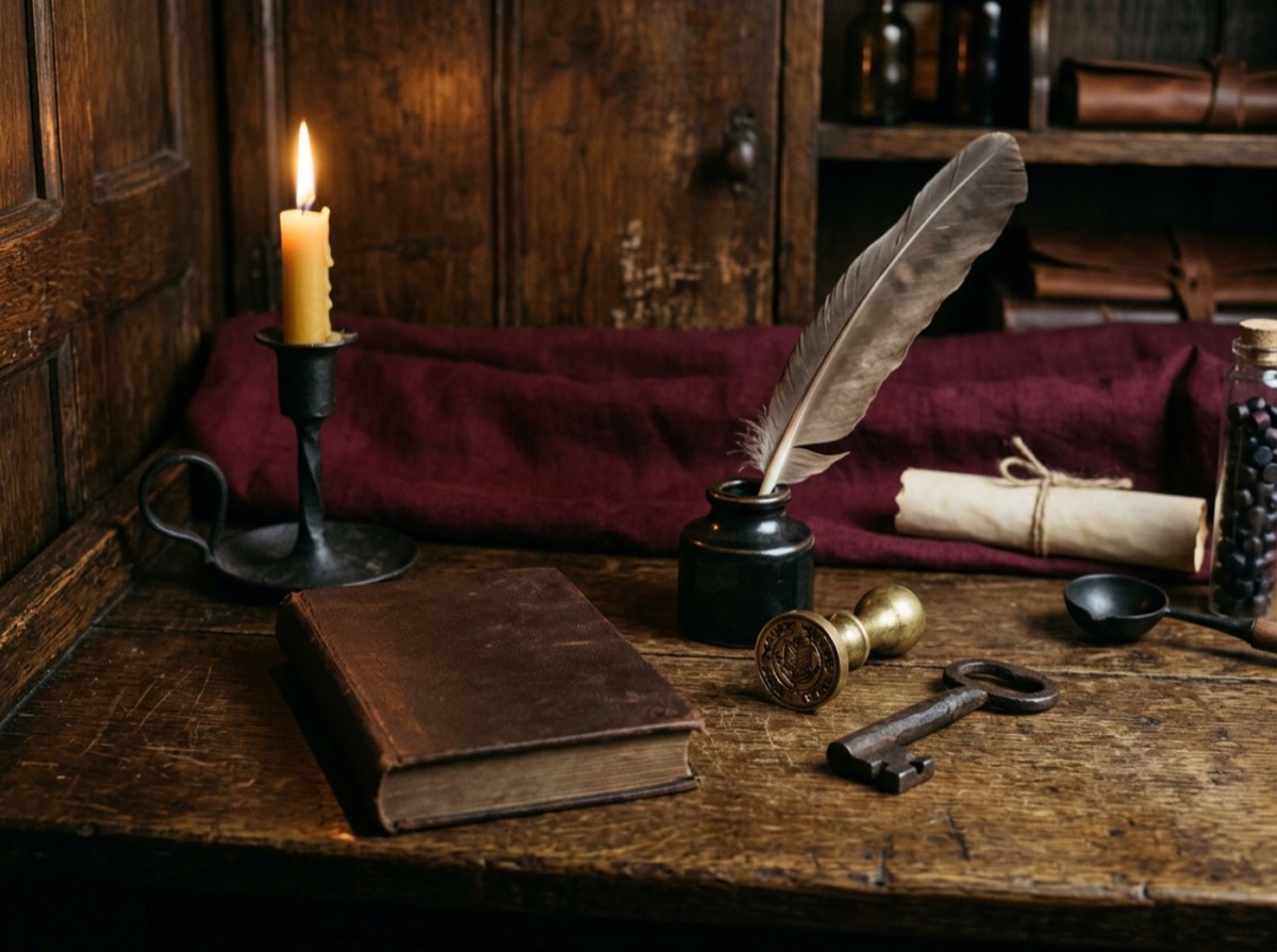 Libri Wolf Hall i hapur mbi një tavolinë të vjetër druri pranë një qiriu
