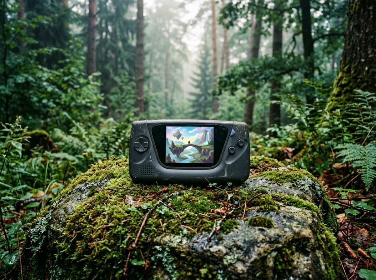 Konsolë Nintendo Switch mbi një tavolinë në dhomën e ndenjes me dritë të butë mbrëmjeje